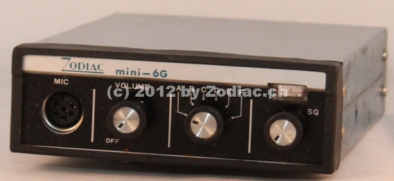 Zodiac Mini-6G
Typ:CB-Gerät
Frequenz:27 MHz
Kanäle:6
Modulationsart:AM
Leistung:0,5 Watt
Hergestellt ab: 1972
Schlüsselwörter: Zodiac Mini-6G