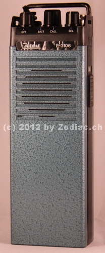 Zodiac P-3106
Typ:Betriebsfunkgerät
Frequenz:27.425 - 27.485 MHz
Modulationsart:FM
Kanäle:6
Leistung:0,5  Watt
Hergestellt ab: 	1986
Schlüsselwörter: Zodiac P-3106
