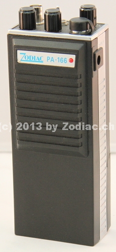 Zodiac PA-166
Typ:VHF-Gerät
Frequenz:146 - 174 MHz
Modulationsart:FM
Kanäle:6
Leistung:1 Watt
Hergestellt ab: 	19??

Schlüsselwörter: Zodiac PA-166