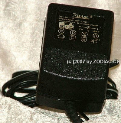 Zodiac Ladegerät
220V Eingang 
9V Ausgang / 450 mA
Schlüsselwörter: Zodiac Ladegerät
